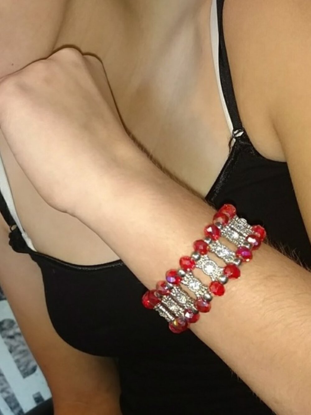 Rhinestone and Red Beaded Stretch Bracelet
